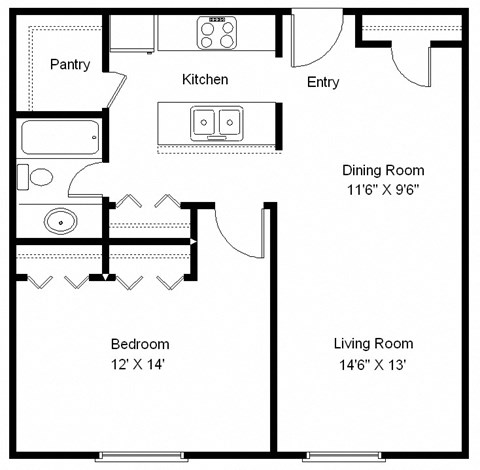 Floor plan for 1 bed, 1 bath, 750 sqft